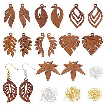 Olycraft DIY Leaf Earring Making Kit, Including Natural Walnut Wood Pendants, Brass Earring Hooks & Jump Rings, Golden & Silver, 116Pcs/box