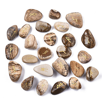 Natural Picture Jasper Beads, Tumbled Stone, Healing Stones for Chakras Balancing, Crystal Therapy, Meditation, Reiki, Divination Stone, No Hole/Undrilled, Nuggets with Runes/Futhark/Futhorc, 14~33x11~22x5~16mm, about 25pcs/set
