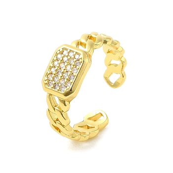 Rectangle Brass Micro Pave Clear Cubic Zirconia Cuff Rings for Women, Real 18K Gold Plated, Adjustable