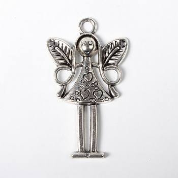 Tibetan Style Alloy Pendants, Fairy, Cadmium Free & Nickel Free & Lead Free, Antique Silver, 58x34x5mm, Hole: 4mm