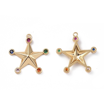 Brass Micro Pave Colorful Cubic Zirconia Pendants, Star Charms, Real 18K Gold Plated, 25x23x3mm, Hole: 1.5mm
