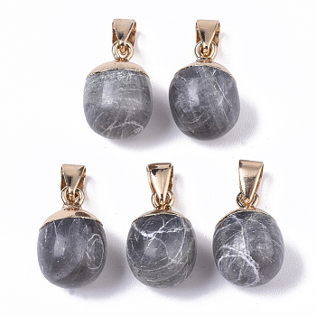 Top Golden Plated Natural Labradorite Pendants, with Iron Snap on Bails & Loop, Barrel, 17~19x11.5~12.5mm, Hole: 4x6mm