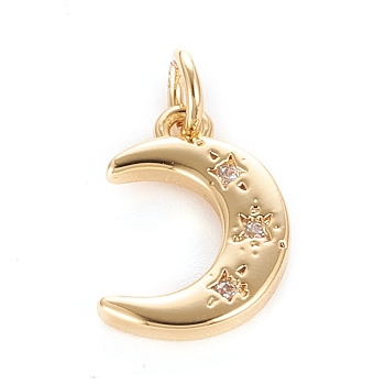 Brass Micro Pave Clear Cubic Zirconia Pendants, with Jump Ring, Moon, Real 18K Gold Plated, 13x9.5x2mm, Hole: 3mm, Jump Ring: 5x0.8mm