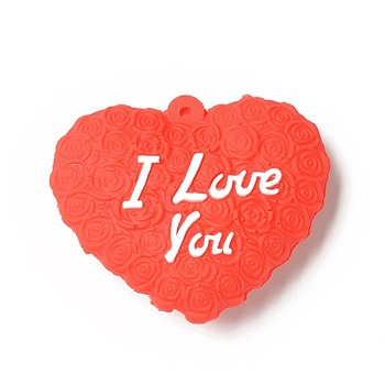 Opaque Resin Pendants, Love Heart Charm, Orange Red, Word I Love You, Word, 36x45x10mm, Hole: 3mm