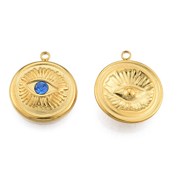 304 Stainless Steel Pendants, with Sapphire Rhinestone, Flat Round with Eye, Real 18K Gold Plated, 17.5x15x3mm, Hole: 1.5mm