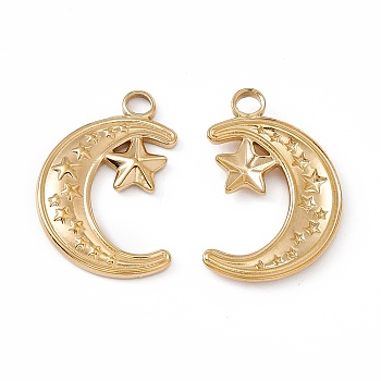 Ion Plating(IP) 304 Stainless Steel Pendants, Moon with Star, Real 18K Gold Plated, 24x16x2mm, Hole: 3mm