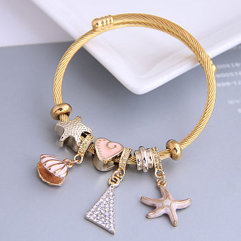 Adjustable Stainless Steel European Bangles, Charm Bangles for Women, Starfish & Shell Shape & Triangle, with Alloy & Enamel & Resin, Light Salmon, Inner Diameter: 2-1/8 inch(5.5cm)