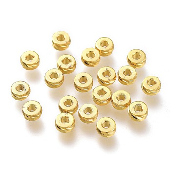 Brass Spacer Beads, Long-Lasting Plated, Textured, Flat Round, Golden, 4x2mm, Hole: 1.4mm