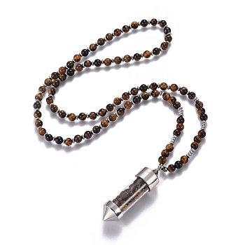 Natural Tiger Eye Pendant Necklace, with Glass Beads and Brass Findings, Bullet, 27.9 inch(71cm), beads: 6mm, pendant: 65x17.5mm