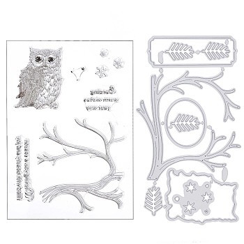 1 Sheet Silicone Clear Stamps, with 1Pc Carbon Steel Cutting Dies Stencils, for DIY Scrapbooking, Photo Album Decorative, Cards Making, Stamp Sheets, Owl Pattern, 83~160x110~154x1~2.5mm
