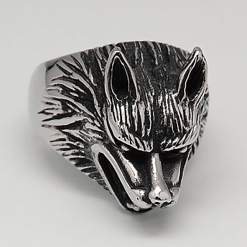 Unique Retro Men's 304 Stainless Steel Wolf Rings, Antique Silver, 17~23mm