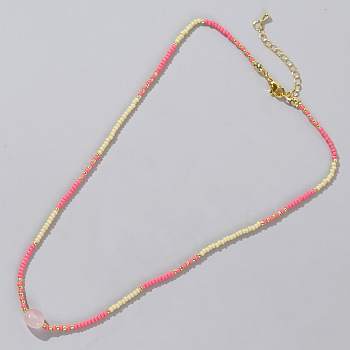 Summer Beach Style Natural Rose Quartz & Colorful Seed Beads Beaded Necklace for Women, Hot Pink, 16-1/2 inch(42cm)