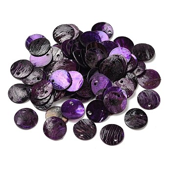 Spray Painted Natural Akoya Shell Charms, Mother of Shell, Flat Round Charms, Dark Violet, 13x1.5mm, Hole: 1mm
