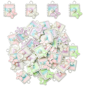 20Pcs 4 Colors Alloy Enamel Pendants, with ABS Imitation Pearl, Oval & Rectangle with Butterfly Charms, Silver, Mixed Color, 21x15.5x5mm, Hole: 2mm, 5pcs/color