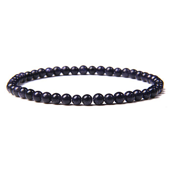 4mm Round Synthetic Blue Goldstone Beads Bracelet for Men, European and American Retro Simple Versatile Stretch Bracelets, 7-1/2 inch(19cm)