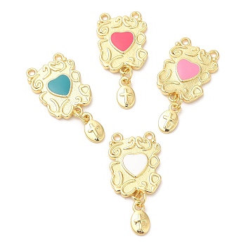 Brass Enamel Pendants, Real 18K Gold Plated, Cadmium Free & Lead Free, Long-Lasting Plated, Rectangle with Heart Charms, Mixed Color, 32x15x2mm, Hole: 1.5mm and 1.6mm