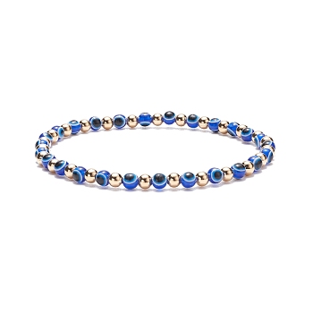 Resin Evil Eye Round Beaded Stretch Bracelet with Brass Beads for Women, Blue, Inner Diameter: 2-3/8 inch(6.1cm)