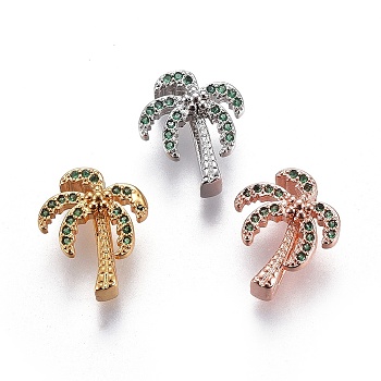 Brass Micro Pave Cubic Zirconia Slide Charms, Lead Free & Cadmium Free, Coconut Tree, Green, Mixed Color, 15x12.5x6.5mm, Hole: 2x10.5mm