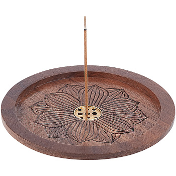 Wood Incense Burners, Flat Round with Lotus Incense Holders, with Brass Finding Home Office Teahouse Zen Buddhist Supplies, Coffee, 120.5x20mm, Hole: 2.1mm & 2.5mm & 3.5mm, Inner Diameter: 100mm