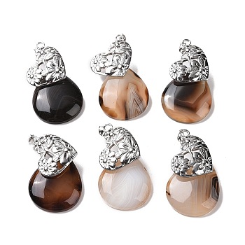 Natural Agate Pendants, Teardrop Charm, with Platinum Tone 304 Stainless Steel Heart Findings, 41mm, Teardrop: 36X25X5mm, Hole: 4.5mm