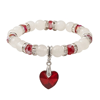 Natural Quartz Crystal & Glass Beaded Stretch Bracelet with Heart Charms for Valentine's Day, Red, Inner Diameter: 2-1/8 inch(5.45cm)