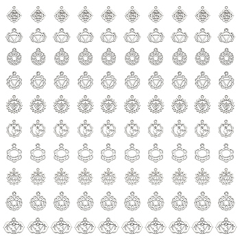 Elite 100Pcs 10 Style Chakra Zinc Tibetan Style Alloy Pendants, Antique Silver, Ohm/Aum, Mixed Shapes, 13.5~22.5x13~21x1~1.8mm, Hole: 1.6~1.8mm, 10pcs/style