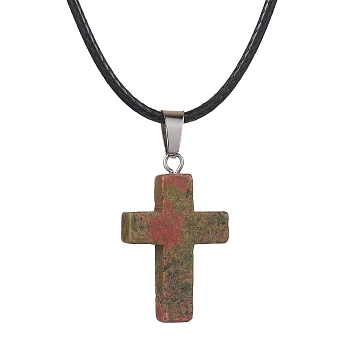 Natural Unakite Cross Pendant Necklaces, with Imitation Leather Cords, 17.80 inch(45.2cm)