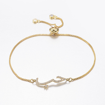 Adjustable Brass Micro Pave Cubic Zirconia Bolo Bracelets, Slider Bracelets, with Brass Box Chains, Golden, 10-5/8 inch(270mm)