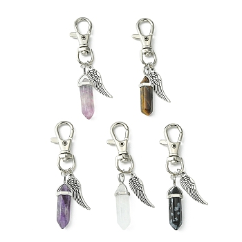 Natural Gemstone Double Terminated Pointed Pendant Decorations with Alloy Wing Charm, with Alloy Swivel Lobster Claw Clasps, 79~80mm