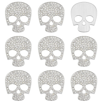 10Pcs Alloy Rhinestone Cabochons, Skull, Silver, 45x38.5x2.5mm