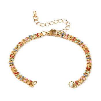 Two Tone Handmade Brass Curb Chain Bracelet Makings, with Enamel and 304 Stainless Steel Lobster Claw Clasps, Colorful, 5-1/2 inch(14cm)