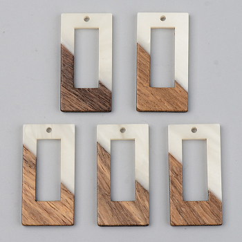 Opaque Resin & Walnut Wood Pendants, Rectangle, Floral White, 38x19.5x3mm, Hole: 2mm