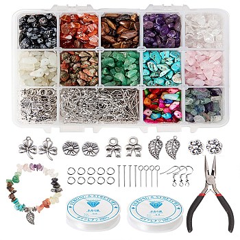 DIY Jewelry Sets, with Shell Beads, Gemstone Chip Beads, Tibetan Style Alloy Pendant, Jump Rings, Pins, Brass Earring Hooks and Carbon Steel Needle Nose Pliers, Elastic Crystal Thread, Mixed Color, 14x10.8x3cm