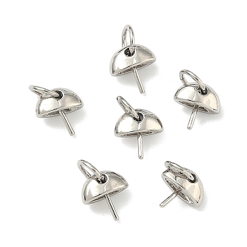 Half Round Brass Cup Pearl Peg Bails Pin Pendants, for Half Drilled Beads, Cadmium Free & Lead Free, Rack Plating, Platinum, 7x7x3.5mm, Jump Ring: 5x0.8mm, Inner Diameter: 3.5mm