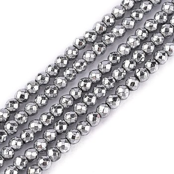 Non-Magnetic Synthetic Hematite Beads Strands, Faceted, Round, Silver Plated, 2mm, Hole: 1mm