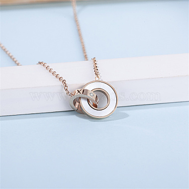 Roman Numerals Natual Shell Interlocking Rings Pendant Necklace with Stainless Steel Cable Chains(PT5886)-2