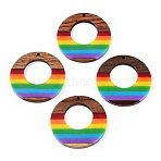 Opaque Resin & Walnut Hollow Pendants, Rainbow Color Charms, Colorful, Flat Round, 38x3.5mm, Hole: 2mm(RESI-TAC0026-05U)