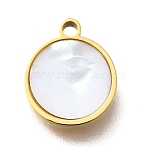304 Stainless Steel Flat Round Charms, with Plastic Imitation Shell, Golden, Ion Plating(IP), White, 9.5x8x1.5mm, Hole: 1mm(STAS-Q348-27A-G01)
