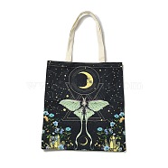 Flower & Butterfly & Moon Printed Canvas Women's Tote Bags, with Handle, Shoulder Bags for Shopping, Rectangle, Light Green, 60cm(ABAG-C009-04D)