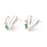 Green Cubic Zirconia Heart Stud Earrings, Brass Jewelry for Women, Cadmium Free & Lead Free, Platinum, 15.5x15.5mm, Pin: 0.9mm(EJEW-P213-13P)