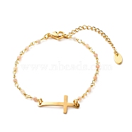 Cross Link Bracelet, Natural Sunstone Beads Bracelet for Girl Women, Golden, 7-1/4 inch(18.5cm)(BJEW-JB06865-04)