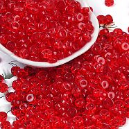 Transparent Colours Glass Seed Beads, Donut, Red, 6.5x3mm, Hole: 1.8mm, about 1363pcs/pound(SEED-P008-01A-01)