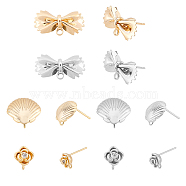 Elite 12Pcs 6 Style Brass Stud Earring Findings, with Loop, Flower & Shell & Bamboo & Leaf, Nickel Free, Platinum & Golden, 6.5~25x3~11.5mm, hole: 0.5~1.5mm, Pin: 0.7~1mm, 2pcs/style(KK-PH0002-78)