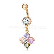 Piercing Jewelry, Brass Cubic Zirconia Navel Ring, Belly Rings, with Surgical Stainless Steel Bar, Cadmium Free & Lead Free, Golden, Flower, Colorful, 42x16mm, Bar: 15 Gauge(1.5mm), Bar Length: 3/8"(10mm)(AJEW-EE0003-16)