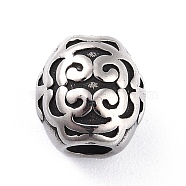 304 Stainless Steel European Beads, Large Hole Beads, Barrel with Floral Pattern, Antique Silver, 10.5x10.5mm, Hole: 4mm(STAS-I190-19AS)