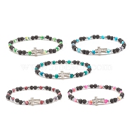 Natural & Synthetic Mixed Gemstone Beaded Stretch Bracelet with Clear Cubic Zirconia Cross for Women, Mixed Color, Inner Diameter: 2-1/4 inch(5.6cm)(BJEW-JB08247)