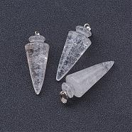 Natural Quartz Crystal Pendants, Rock Crystal Pendants, with Platinum Tone Brass Findings, Cone/Spike/Pendulum, 43~45x16mm, Hole: 5x7mm(G-P236-01)