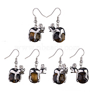 Natural Tiger Eye Frog Dangle Earrings, Platinum Brass Jewelry for Women, 37mm, Pin: 0.6mm(EJEW-A092-13P-12)