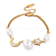 Natural Shell Moon & Star Link Bracelet, Ion Plating(IP) 304 Stainless Steel Jewelry for Women, Golden, 6-5/8 inch(16.8cm)(BJEW-M292-02G-1)