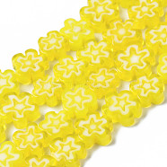 Handmade Millefiori Glass Bead Strands, Flower, Yellow, 7.5~9x3mm, Hole: 1mm, about 55~57pcs/strand, 15.55 inch~15.94 inch(39.5cm~40.5cm)(X1-LAMP-J035-8mm-25)
